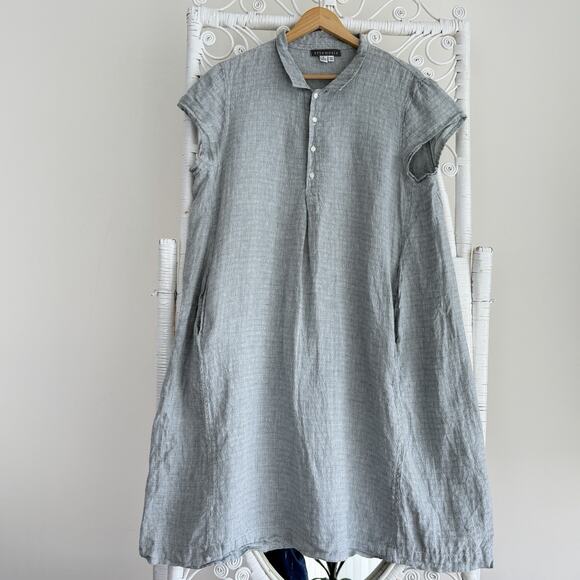 Artemesia Dresses & Skirts - Artemesia Linen Collar Dress Large Gray Textured Crinkle Popover Pockets Midi